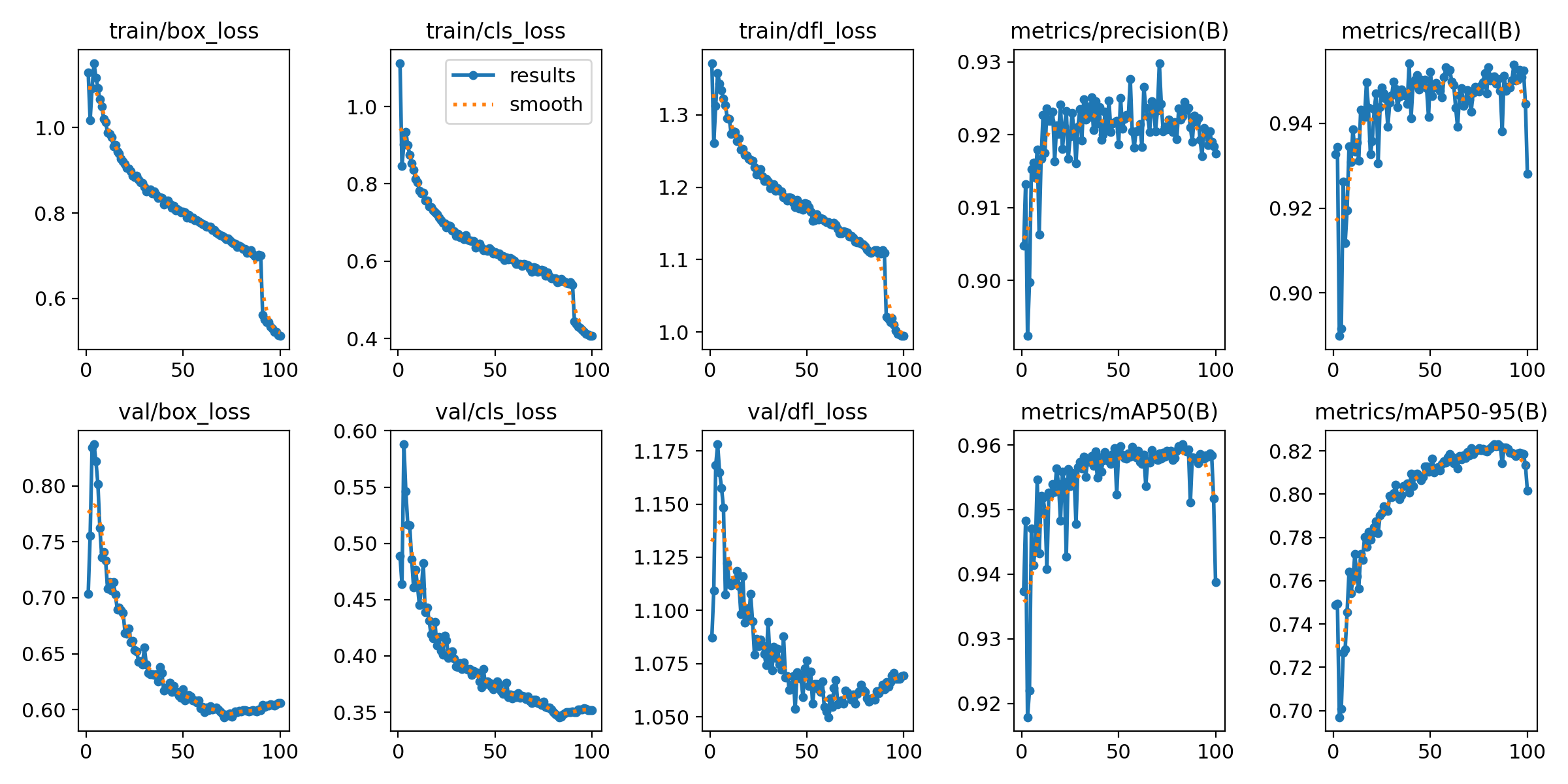 Training metrics showing loss convergence and mAP improvement